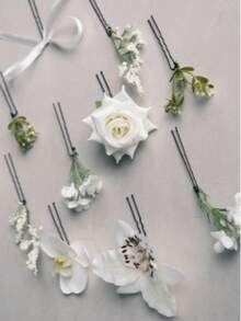 10-Piece Set Of Realistic White Lilies, Roses, And Baby's Breath Flower Hair Clips; Bohemian Bridal Updo Headpiece; Forest-Themed Floral Hair Accessory For Wedding Photos. - White - View 3