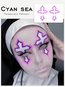 1pc Temporary Tattoo Sticker, Purple Glow Gothic Cross Face Makeup Pattern, Realistic Fake Tattoo Design, For Daily Wear, Bachelorette Party Favors, Music Festival, Game, Graduation Gift, Lasts 3‑5 Days - Purple - View 1