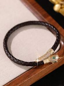 1pc Vintage Luxury Cubic Zirconia Snake Shape Open Bangle Bracelet, Unique Popular Style Copper Bracelet For Daily Wear, Banquet,Party,Christmas - Black - View 9
