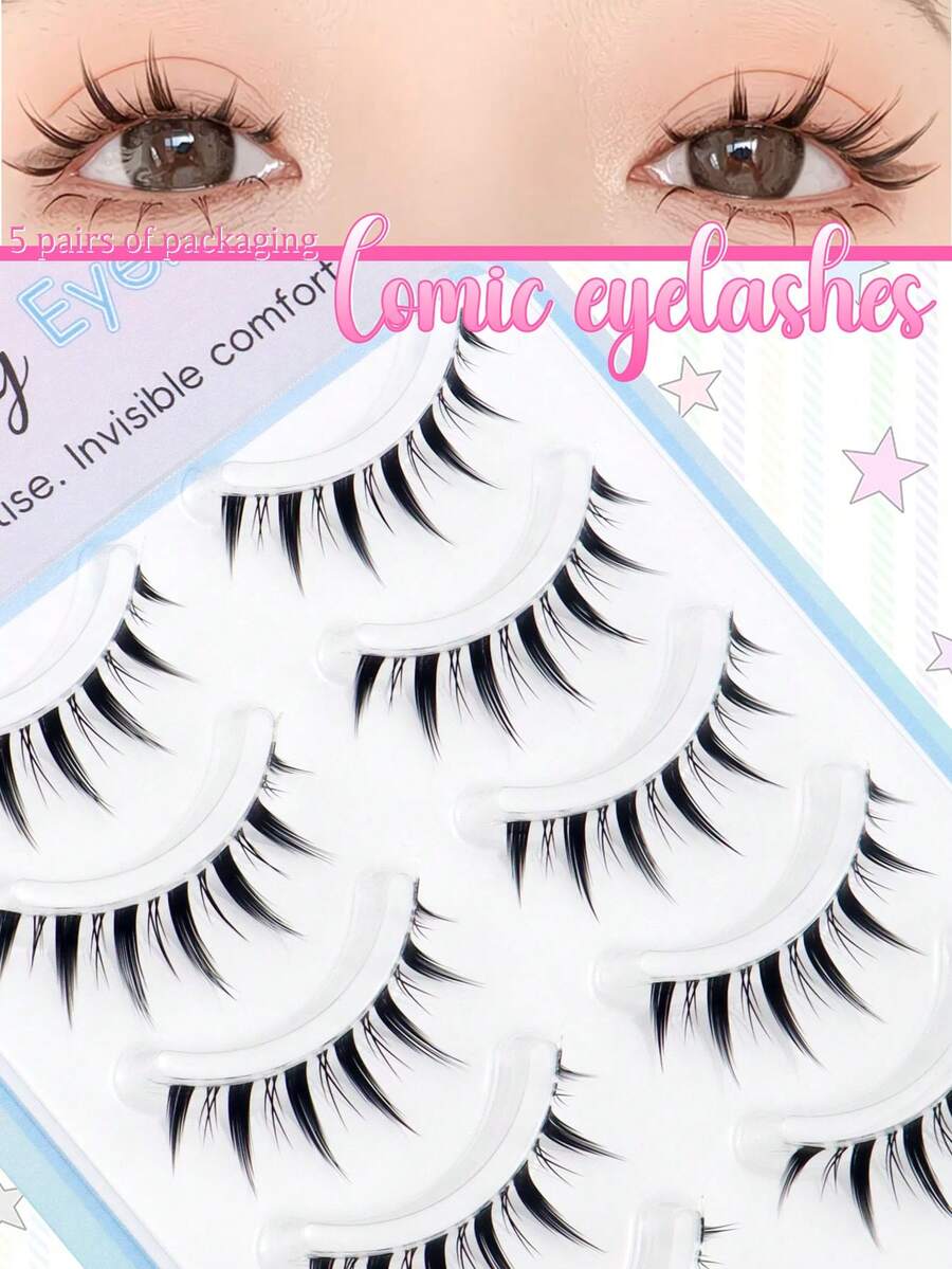 5 Pairs Pointed Tail Wet Manga Style Thick Voluminous Curly Spiky Doll Big Eye False Eyelashes Soft Faux Fur For Date And Daily Wear - Black - View 1