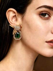 Court-Style Green Gemstone Inlaid Bird-Shaped Full-Paved Design Pendant Necklace Or Earrings, Everyday Party Women's Accessory Gift - Earring - View 3