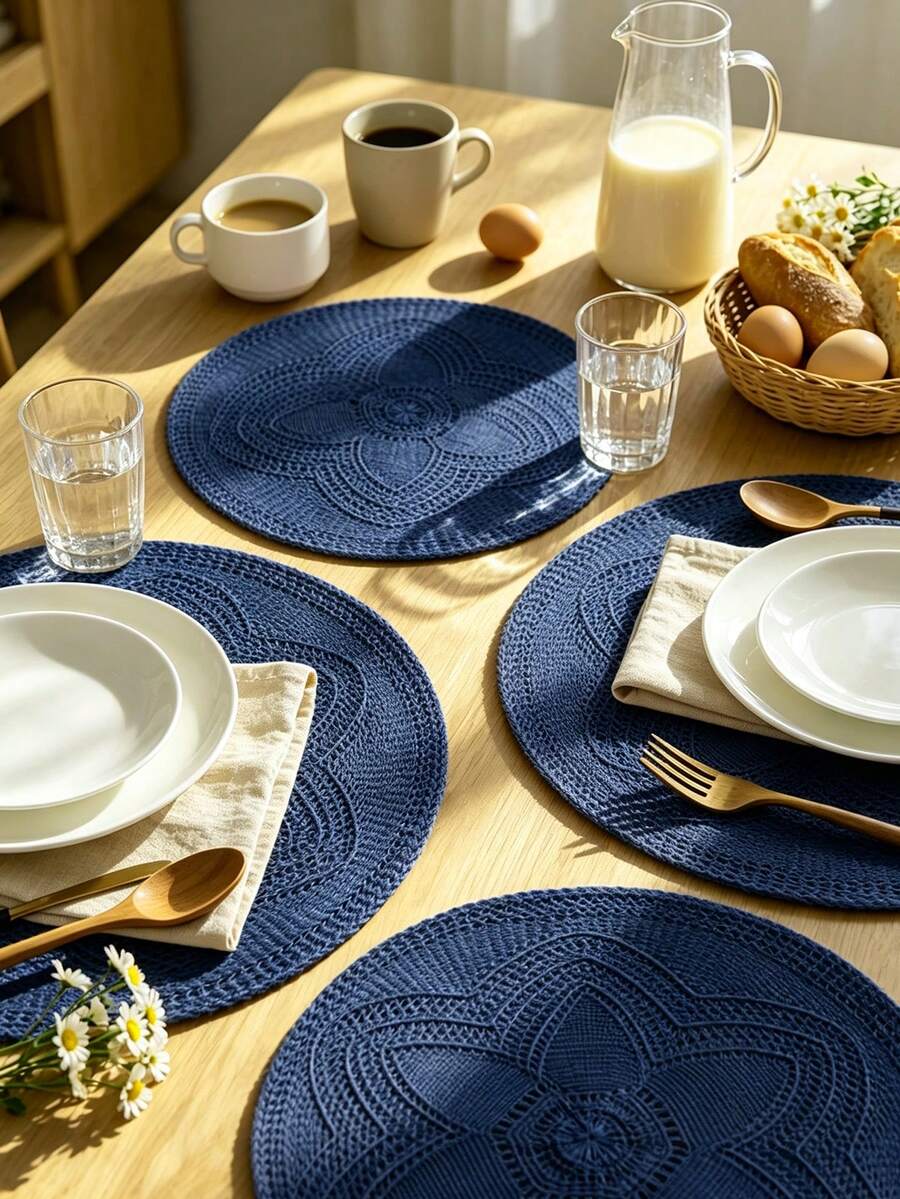 1pc PP Place Mat, Minimalist Flower Detail Place Mat For Dining Table - Blue - View 1