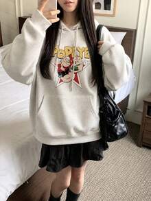 Y2K Korean Street Style Women's Retro Cartoon Character & Letter Print Loose Sweatshirt With Drawstring Casual Versatile Long Sleeve Sweatshirt For Autumn/Winter Daily Campus & Outings - Light Gray - View 2