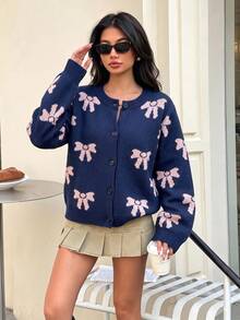 Teen Girls Deep Blue All-Over Print Bow Round Neck Cardigan, Spring/Autumn Short Loose Single-Breasted Casual Knit Top - Blue - View 4