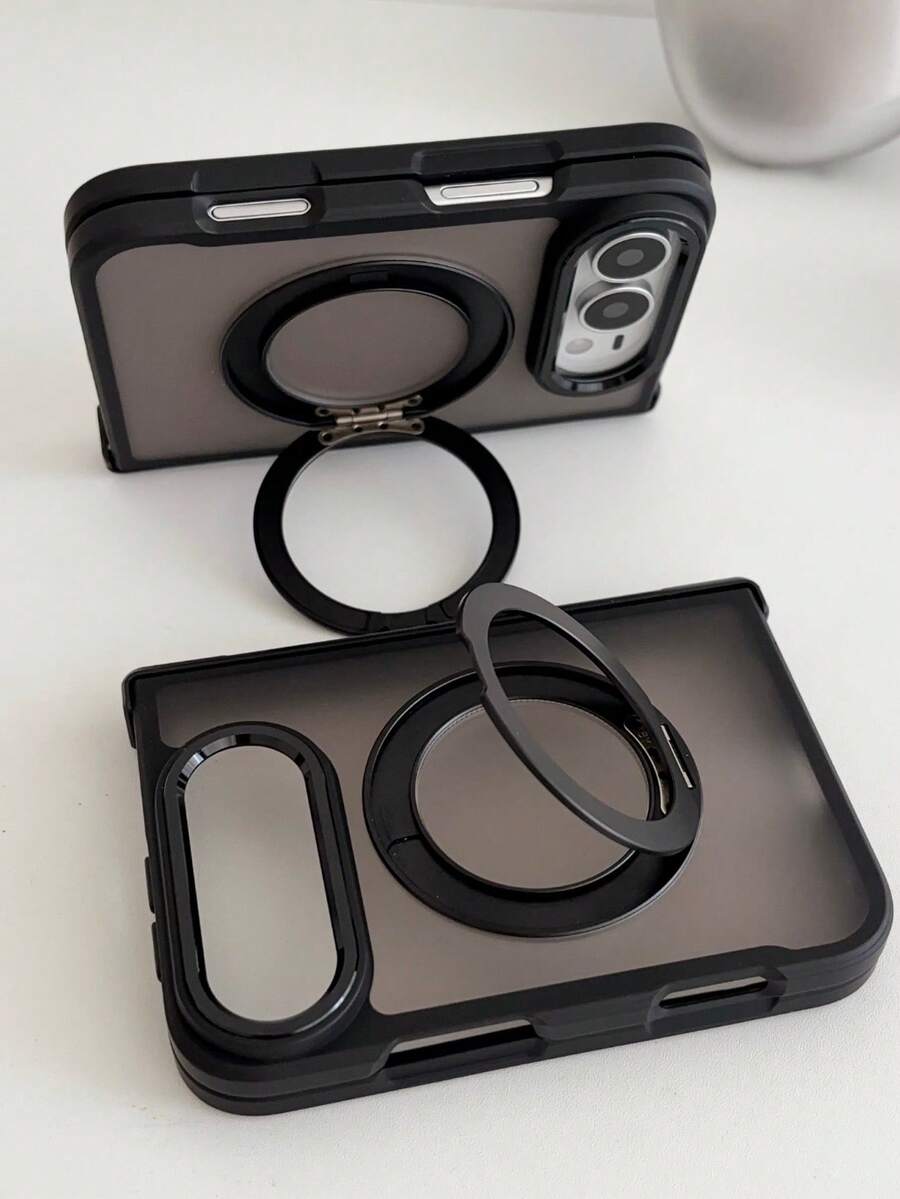 1PC Business Matte Clear PC Magnetic Phone Case + 360 Ring Holder Kickstand Compatible With IPhone 18 Fold Ultra Metal Electroplated Camera Protection - Black - View 1
