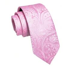 5Pcs Men Pink Paisley Jacquard Tie Pocket Square Cufflinks Tie Clip Ring Set, Cufflinks Pattern Random For Wedding - Pink - View 3