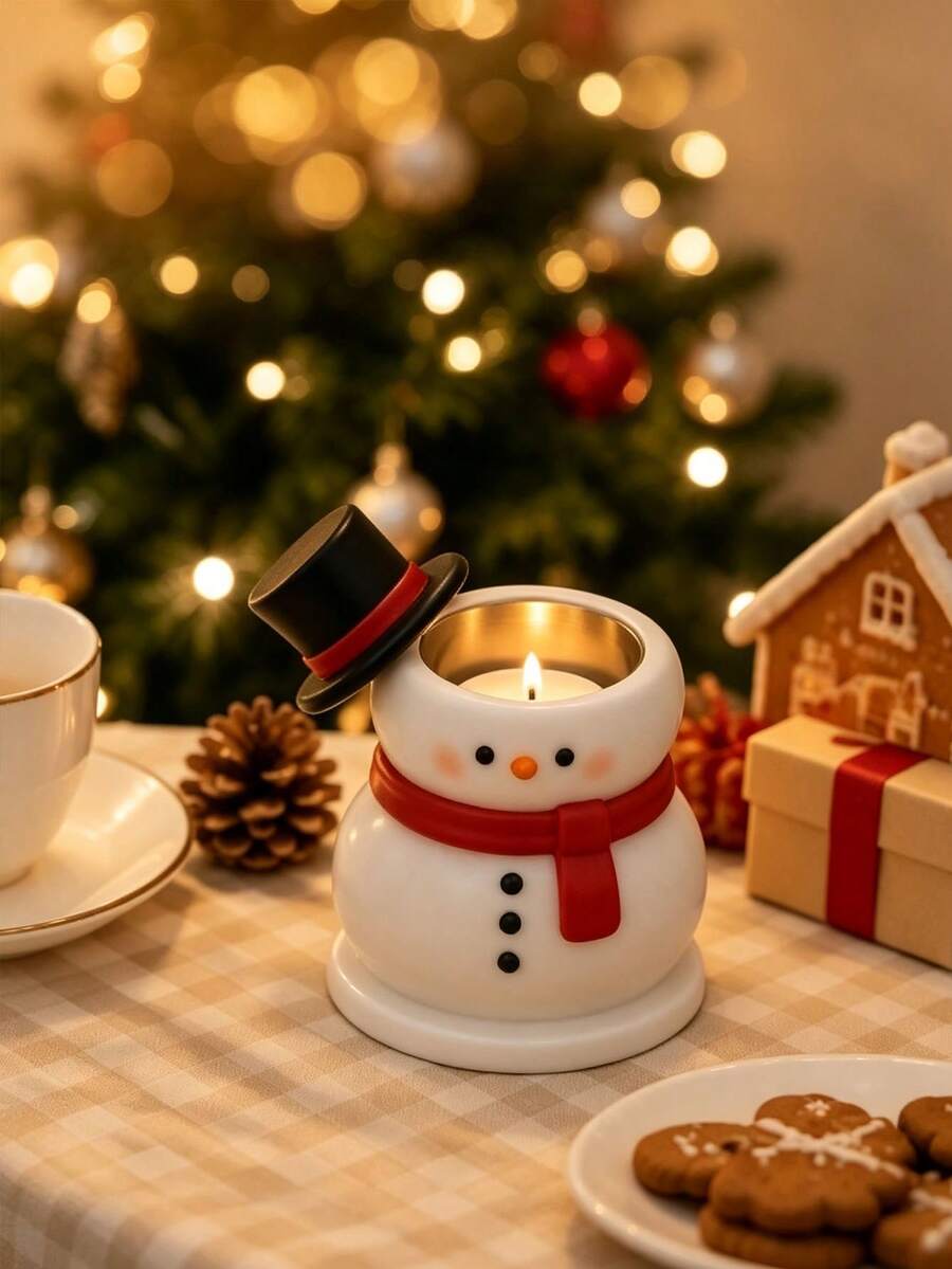 1個白色雪人蠟燭台，復古樹脂圓形小雕像附帽子與圍巾，聖誕節居家桌面裝飾燭台
