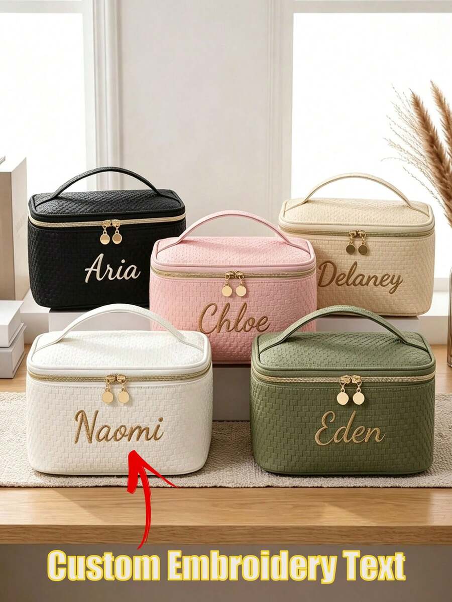 1pc Personalized Embroidered Jewelry Storage Bag, Travel Makeup Bag, Customized Name Cosmetic Box, Large Capacity Toiletry Organizer, Women's Gift, Bridesmaid Gift, Christmas Gift, Valentine's Day Gift - Multicolor - View 1