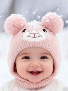 1pc Minimalist Bear Design Plush Knitted Beanie Hat, Suitable For Baby Boys In Autumn/Winter - 1PC - View 9