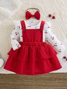 Autumn/Winter Baby Girl Stylish Outfit & Ribbed Cherry Long Sleeve Bodysuit & Red Ruffle Suspender Skirt & Red Bow Hair Tie & Newborn Outing Dress 3-Piece Set - Red - View 2