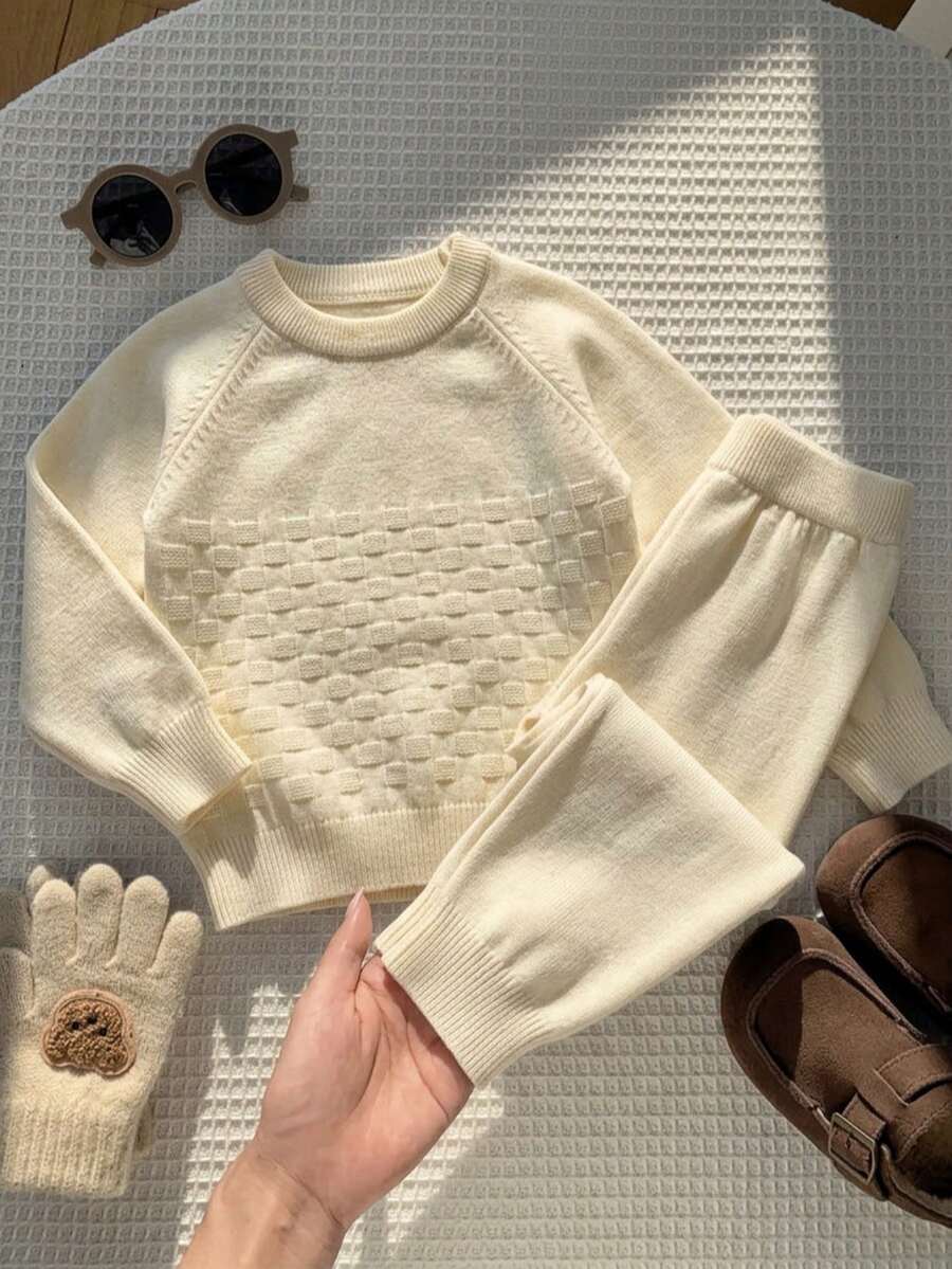 2pcs/Set 1pc Baby Boy College Style Solid Color Plaid Waffle Knit Round Neck Raglan Sleeve Pullover Sweater And 1pc Baby Boy Minimalist Style Solid Color Knit Long Pants, Suitable For School, Daily Wear, Casual, Spring, Autumn, Winter - Apricot - View 1