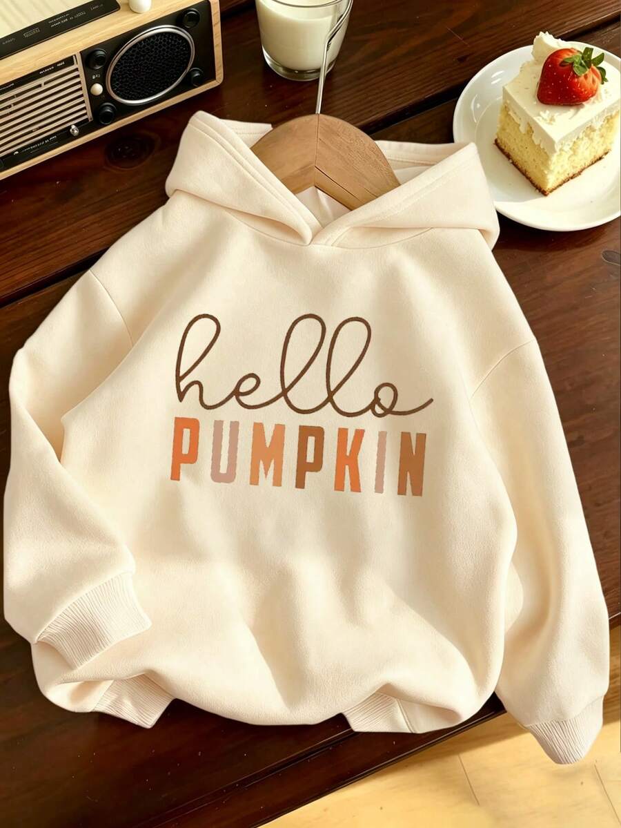 Tween Girl Fun Print Sweatshirt, Warm & Comfortable Thermal Lined Pullover Sweatshirt For Autumn/Winter - Apricot - View 1