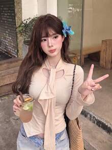 Casual Fashion Hollow-Out Lace-Up Fitted Women's Top, Autumn/Winter New Style, Suitable For Daily Wear, Dating, And Holiday Occasions - Apricot - View 1
