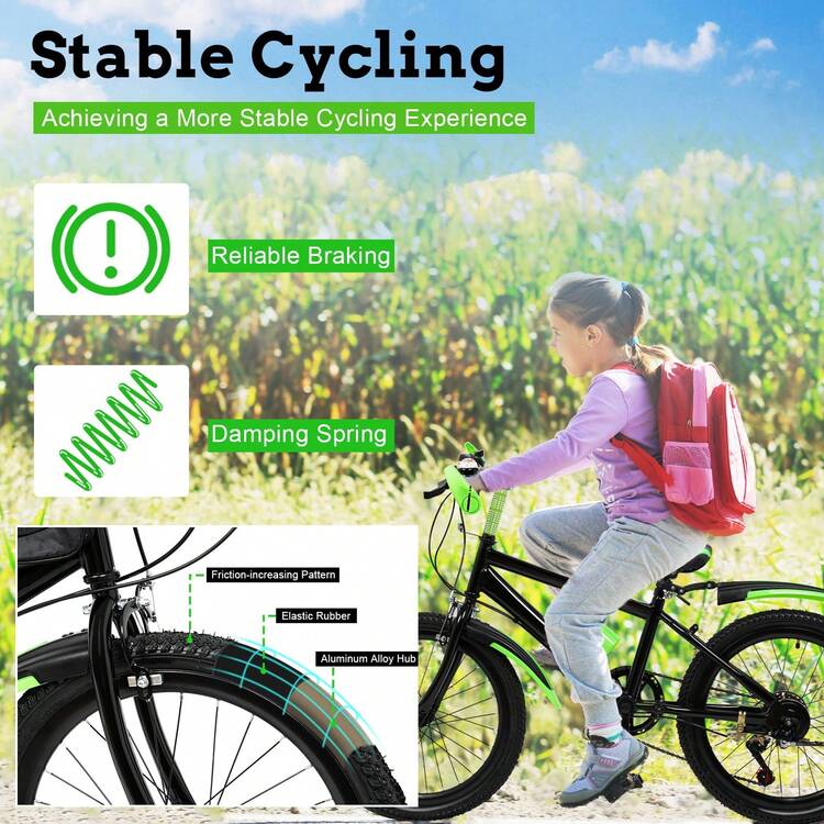 20 Inch Mountain Bike, Carbon Steel Rigid Frame, PU Sponge Cushion, Front And Rear Brakes, With Mudguards & Water Cup Holder, For Road And Mountain Riding - Green - View 9