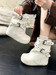 Sepatu Boots Combat Wanita Gaya Gothic Punk Putih Kulit PU Setengah Betis Ujung Bulat Slouchy Kerut Tumit Wedge Tersembunyi Tali Gesper Ganda Eyelet Logam Hot New - Putih - View 3