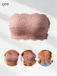1pc Women's Non-Slip Criss-Cross Back Lace Bandeau Bra, Wireless, No Padding, Lightweight - Apricot - View 1