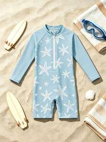 Infant One-Piece Swimsuit, Toddler Long Sleeve Swimwear With Starfish Print, Quick-Dry Beach Outfit, Baby Water Play Clothes For Pool And Beach - Mint Blue - View 1