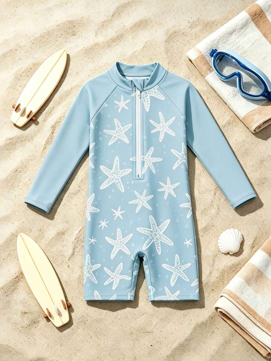 Infant One-Piece Swimsuit, Toddler Long Sleeve Swimwear With Starfish Print, Quick-Dry Beach Outfit, Baby Water Play Clothes For Pool And Beach - Mint Blue - View 1
