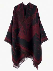 Men's Vintage Sketch Portrait Jacquard Knit Cardigan Poncho Shawl, Autumn/Winter Warm Blanket-Style Outerwear With Tassel Hem, Casual Split Jacket "Poncho" - Multicolor - View 5