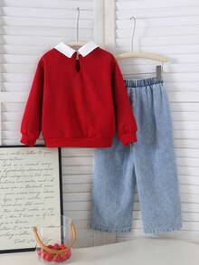 2pcs Girls Sweet Cute Style Lapel Beaded Long Sleeve Top & Bow Decor Split Hem Washed Denim Jeans Set, Spring/Autumn - Red - View 2