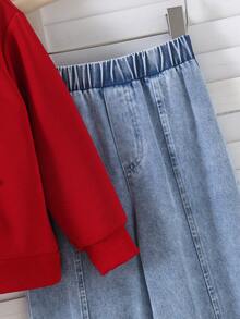 2pcs Girls Sweet Cute Style Lapel Beaded Long Sleeve Top & Bow Decor Split Hem Washed Denim Jeans Set, Spring/Autumn - Red - View 4