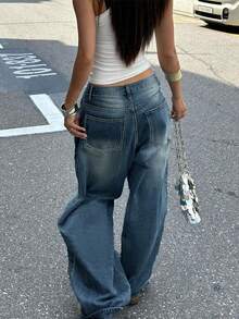 Oversized Boyfriend Style Women's Casual Jeans Spring Fall - Dark Wash - View 5