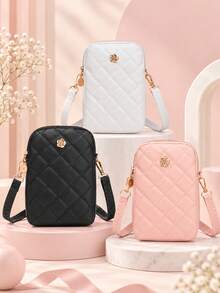 1pc Women's Vintage Rhombus Camellia Decor Phone Crossbody Bag, Minimalist Vertical Embroidered Mini Handbag For Daily Outings - M1937 - View 2