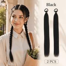 2pcs/Pack Braided Ponytail Hair Extensions, Straight Synthetic Hair Extensions, Elastic Band Long Double Ponytail Hair Bundles, Suitable For French Braids, Dutch Braids And Daily Hairstyles - Light Brown - View 1