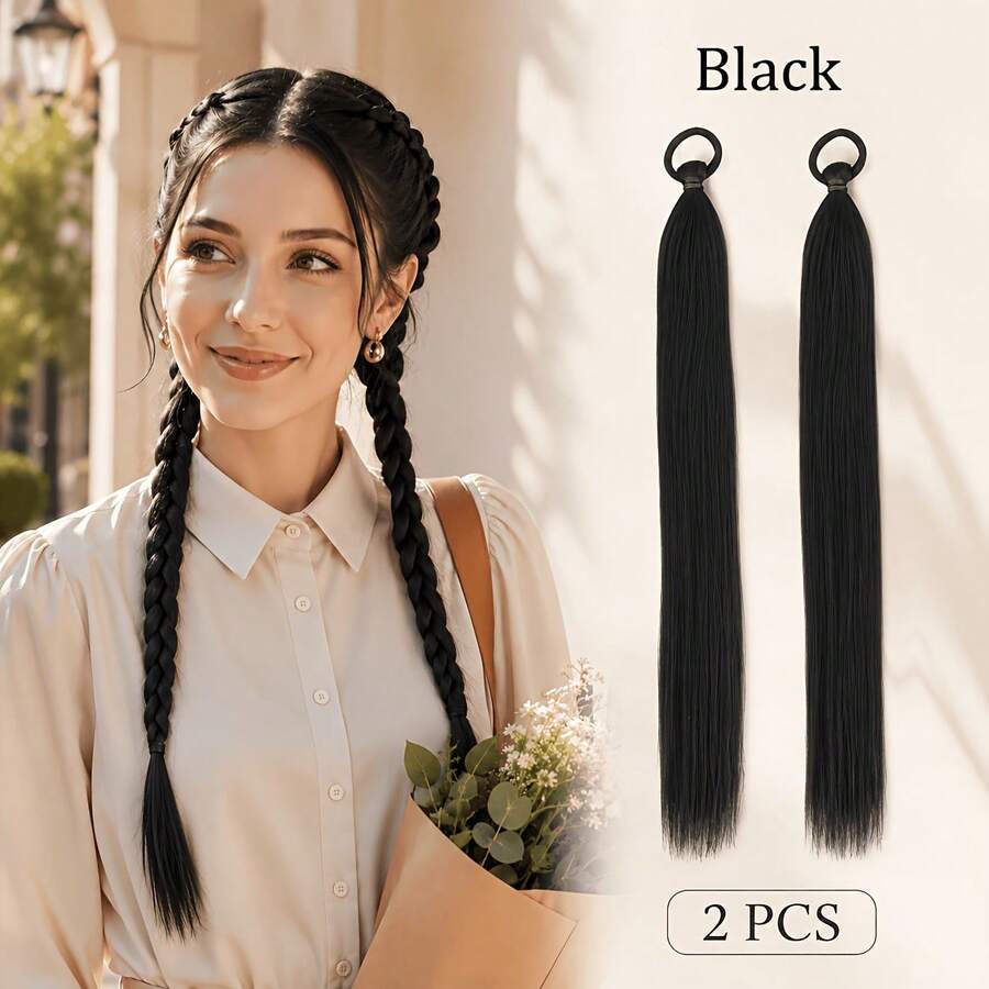 2pcs/Pack Braided Ponytail Hair Extensions, Straight Synthetic Hair Extensions, Elastic Band Long Double Ponytail Hair Bundles, Suitable For French Braids, Dutch Braids And Daily Hairstyles - Light Brown - View 1