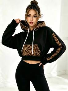 Leopard Print Patchwork Cropped Sweatshirt Long Sleeve Streetwear Sweatshirt - Black - View 3