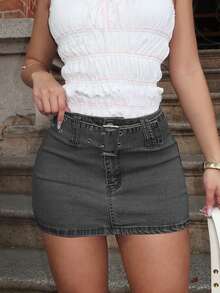 A-Line Casual Denim Mini Skirt With Belt Loops, Versatile For Summer - Grey - View 5