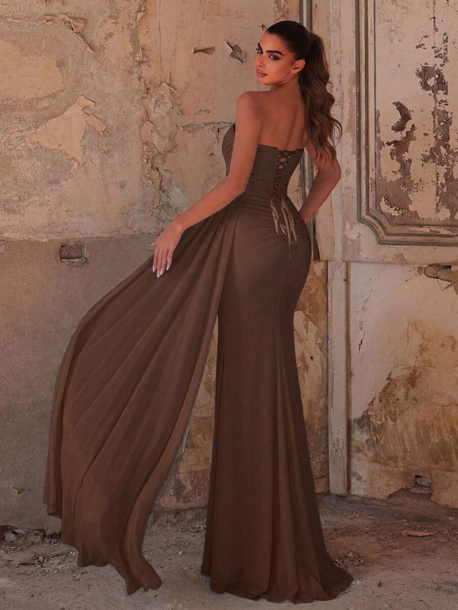 Elegant Women's Strapless Mesh Fabric Mermaid Ball Gown, With Ruched Bodice And Thigh Slit, Charming Long Formal Evening Dress Wedding Party Fall - Coffee Brown - View 1