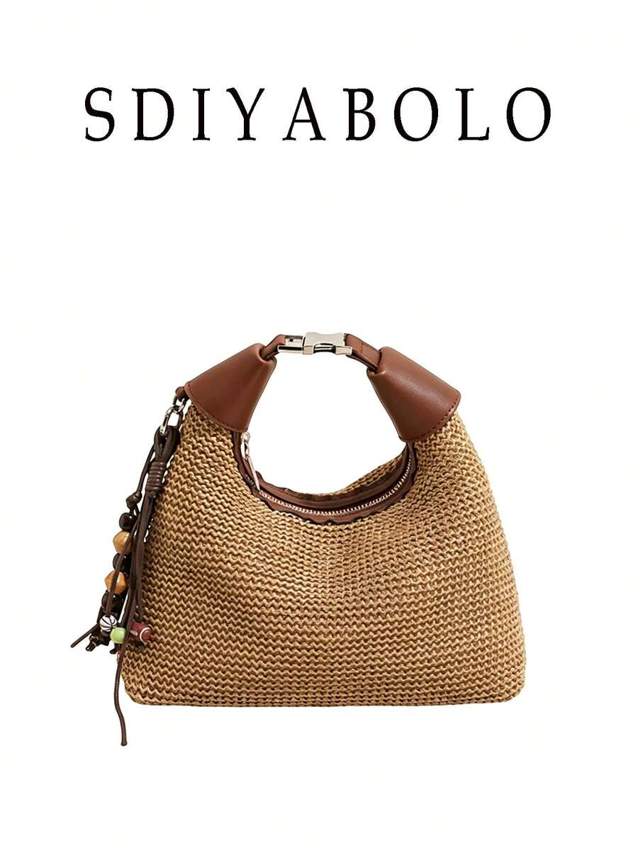 Straw Woven Shoulder Bag, Versatile Cute Wristlet Pouch, Suitable For Travel And Vacation