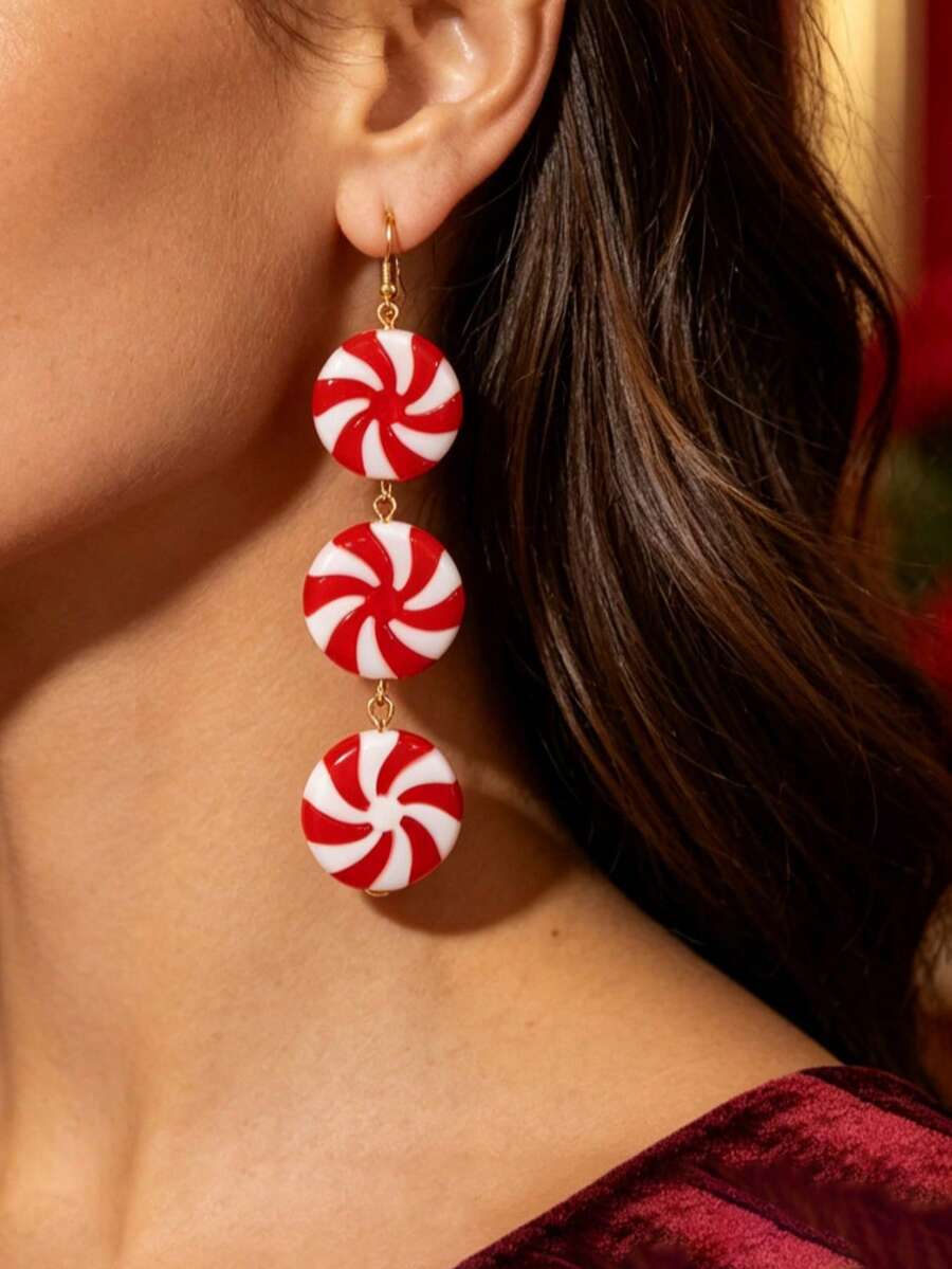 Christmas Candy Cane Long Dangle Earrings, Holiday Celebration Earrings - Lollipop - View 1