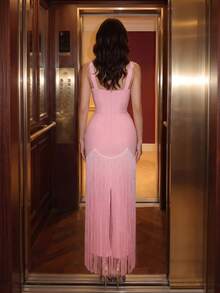 Modphy Pink Sexy Sleeveless Luxurious Shiny Heavy Industry Pearl Diamond Decoration Tight Fitting Tassel Long Bandage Dress Women'S Formal Evening Dress - Pink - View 5
