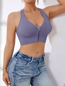 Women High Impact Front Zip Seamless Wireless Sports Bra, Suitable For Spring, Summer, Autumn And Winter - Purple - View 7