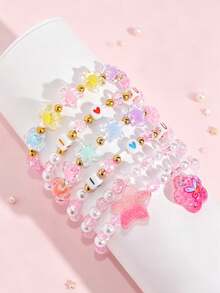 6pcs/Set Girls Cute Star & Flower Charm Bracelet Multicolor Beaded Children Jewelry Bracelet, Suitable For Holiday Party Birthday Gift - Multicolor - View 6