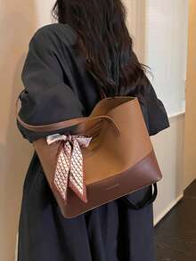大容量女款時尚尼龍帆布托特包 手提包 肩背包 通勤媽媽包 - 棕色 - 查看 6