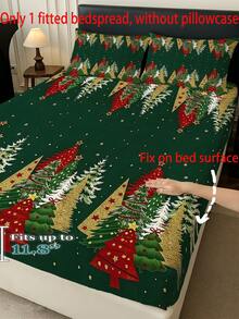 1PC Green Christmas Theme Pattern Fitted Sheet (Fitted Sheet Only, No Pillowcase), Christmas Tree Print Soft Bedding, Suitable For Bedroom, Guest Room, School Dormitory, Easy To Remove And Machine Washable All Season Mattress Protector, Perfect Christmas Gift For Parents And Friends - Multicolor - View 2