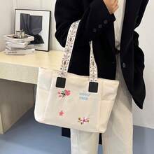 1pc Large Capacity Embroidered Canvas Tote Bag, Women's Commute Travel Handbag - Multicolor - View 11