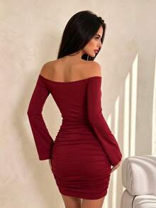 Roviva Women's Autumn Cold Shoulder Long Sleeve Side Ruched Minimalist Sexy Fitted Elastic Tight Mini Dress, Suitable For Parties - Burgundy - View 5