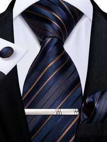 Navy Blue & Gold Diagonal Stripe Men's Tie 4-Piece Set With Pocket Square, Cufflinks, Silver Tie Clip, Evening Party Accessories - Navy Blue - View 1