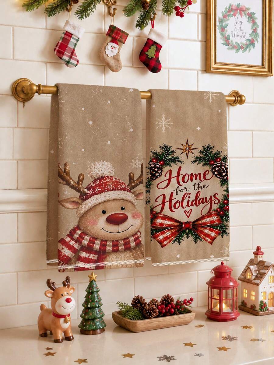 2pcs Christmas Cartoon Cute Reindeer Pattern Kitchen Towels, Soft Polyester Material Dish Cloths, Suitable For Kitchen Decor, Kitchen Cleaning, Holiday Party Decoration, Kitchen Bathroom Supplies Home Essentials, Home Decor, Housewarming Gift - Multicolor - View 1