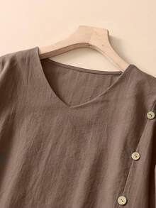 Autumn Women's Vintage Elegant Minimalist Casual College V-Neck Side Button Asymmetrical Hem Loose Long Sleeve Top Wide Leg Wooden Button Pants Two Pieces Set, Commute Office School Tea Party Button Decor Asymmetrical Hem Design Top Wide Leg Pants Long Sleeve Set, Holiday Vacation Outing Versatile Two Pieces Set, Brown, Classic, All-Match, Country, Vacation, Casual Sets For Women - Brown - View 6