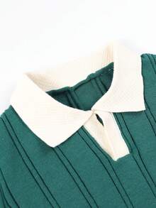 Teen Girls Colorblock Polo Collar Loose Knit Sweater Autumn Collegiate Style Badge Embroidery - Green - View 8