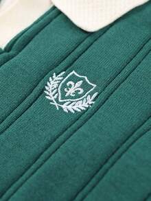 Teen Girls Colorblock Polo Collar Loose Knit Sweater Autumn Collegiate Style Badge Embroidery - Green - View 9