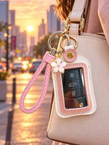 PU Material Keychain Set, Handheld Key Pouch With Cherry Blossom Charm, Car Key Protector, Key Cover, Leather Car Key Case, Key Chain Pendant, Effectively Prevents Scratches, Wear And Impact, Universal PU Car Key Cover, Remote Key Protector, Suitable For Multiple Car Key Covers - Multicolor - View 2