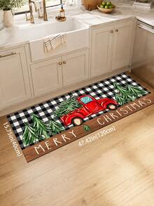 1pc Christmas Black & White Plaid Print Kitchen Floor Mat, Merry Christmas Lettering Red Vintage Truck & Christmas Tree Pattern Long Runner Rug, Wood Grain Patchwork American Country Farmhouse Style - Multicolor - View 9