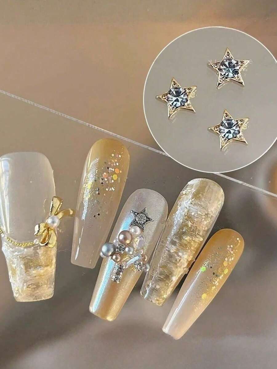 2pcs Christmas Y2K High Quality 3D Rhinestone Gold Star Nail Art Charms, Medium Size Nail Decor Accessories For Fingernail Design And Manicure Decoration - Multicolor - View 1
