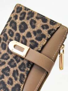 Women's Long Colorblock Patchwork Wallet, Fashion Leopard & Tree Pattern Multi-Function ID Card Holder, Elegant Snap Closure Large Capacity Zipper Coin Purse For Young Students, Lightweight Portable Holiday Gift - Brown - View 3